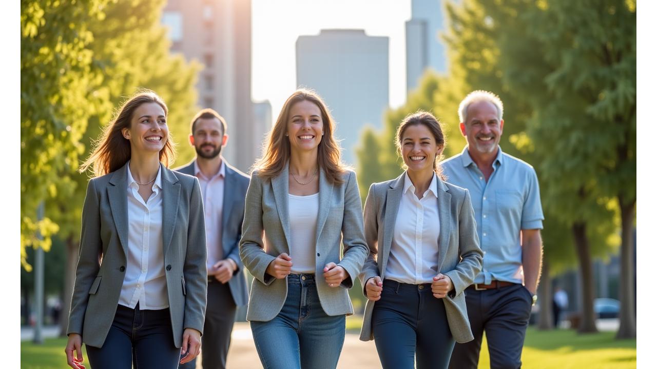 Diverse group of smiling employees engaged in a collaborative, healthy workplace activity like a walking meeting or group exercise.