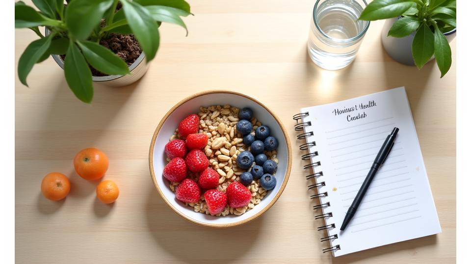 A balanced breakfast featuring oats, berries, and nuts, set next to a notebook with health notes.