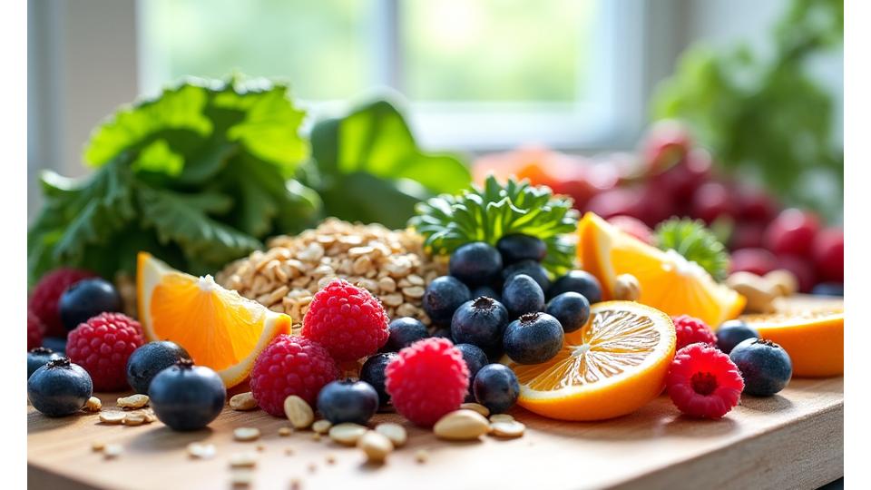 A vibrant image of natural, healthy foods like leafy greens, colorful berries, and whole grains artistically arranged, bathed in soft, natural light, symbolizing nutrition and vitality.