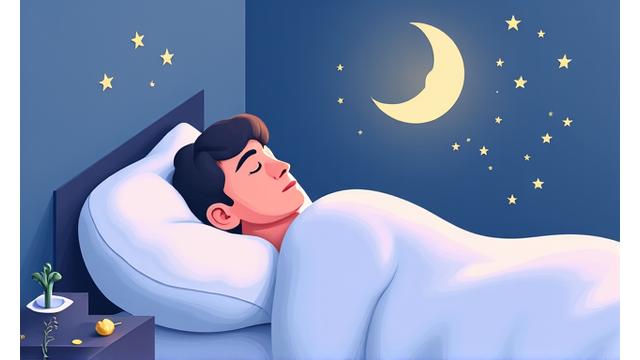 Illustration of a person sleeping peacefully under a moon and stars