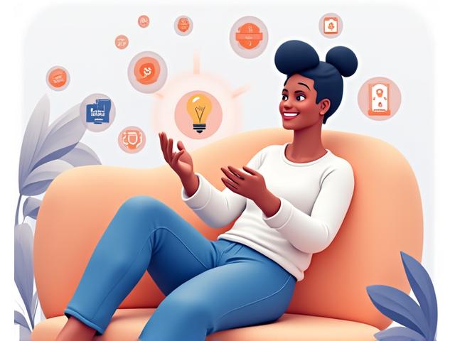 Illustration of various benefits icons surrounding a smiling adult looking at a laptop with a calm expression, implying wellness and savings.