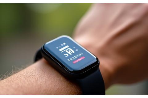 Athlete tracking heart rate on a sleek smart wristband during a run.