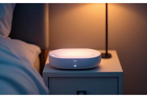Sleek, modern sleep aid device gently illuminating a bedroom.
