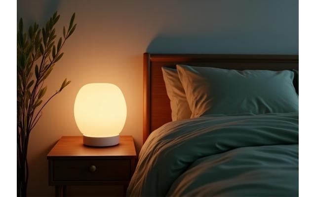 Zen bedroom with smart lighting and a sleep tracking device on a nightstand.