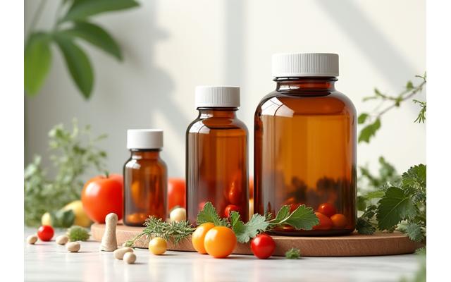 Various bottles of premium supplements arranged neatly on a wooden table, suggesting natural ingredients.