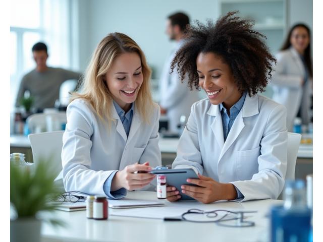 Team of wellness professionals examining a health product in a lab-like setting, featuring clipboards and clear equipment.
