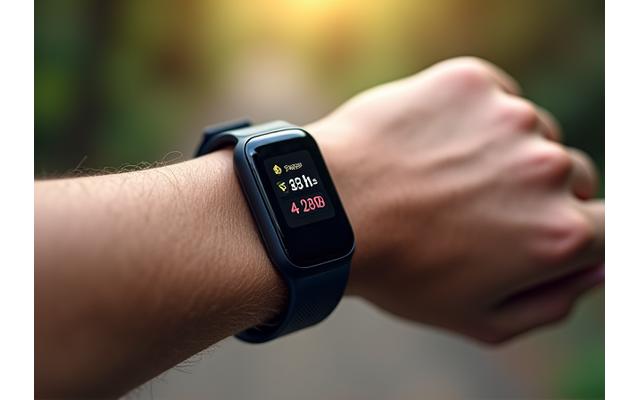 Close-up of a wrist wearing a sleek fitness tracker, displaying health metrics.