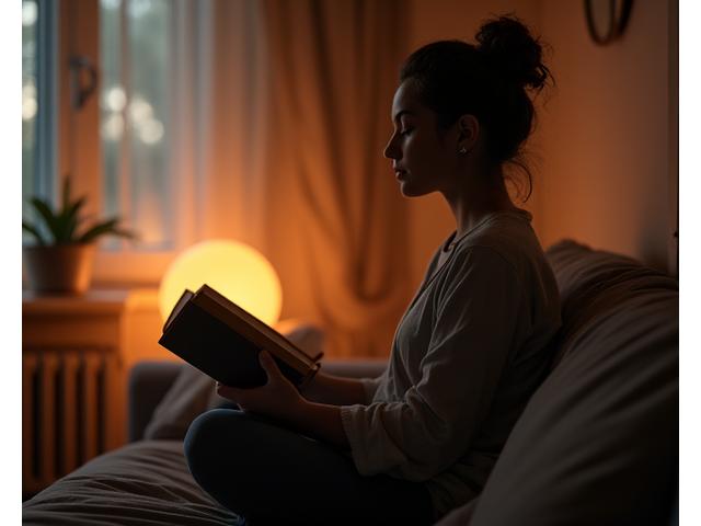 Person gracefully performing gentle evening stretches or meditation as part of a wind-down routine in a soft, dim lit room.