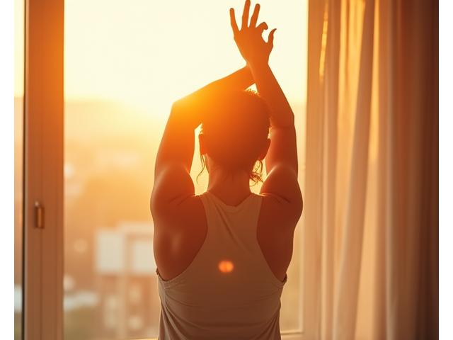 Person stretching gently or enjoying a sunrise, symbolizing refreshed energy and vitality after good sleep.