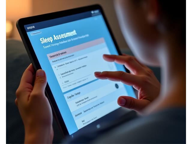 Woman interactung with a sleep assessment questionnaire on a tablet, showing progress bars and a calm, analytical interface.