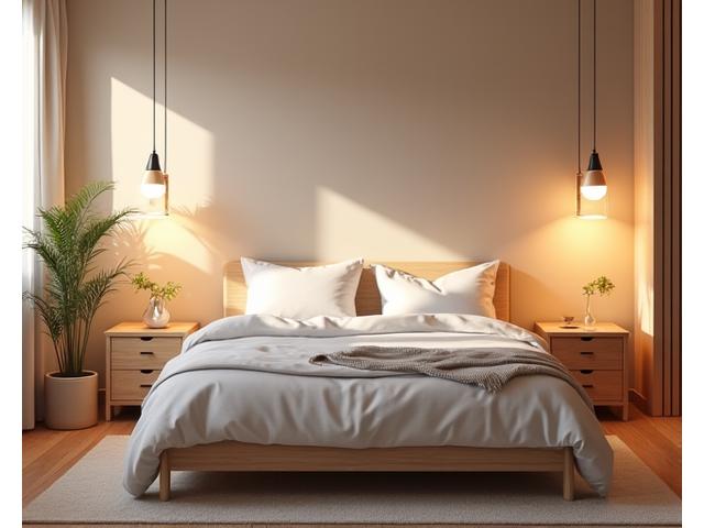 Serene, minimalist bedroom designed for optimal sleep with soft lighting, natural textures, and a cozy bed.