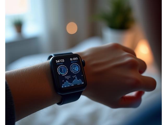 Close-up of a smartwatch tracking sleep data, displaying graphs and metrics on a screen within a modern, clean UI.